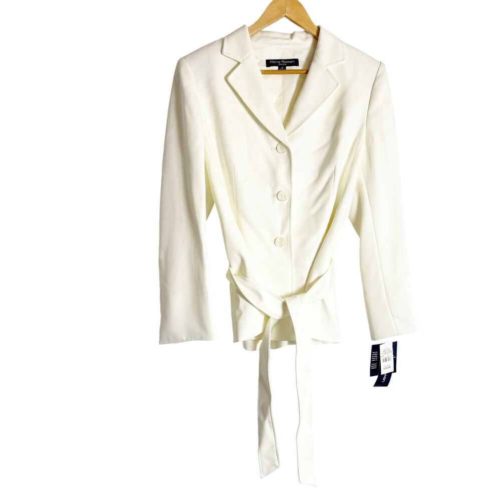Rena Rowan Suits White Single Breasted Button Front Belted Blazer Jacket Size 12